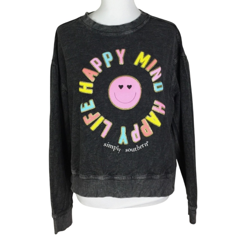 SIMPLY SOUTHERN Black Ribbed Sweatshirt Top HAPPY MIND/LIFE SMILEY FACE sz XXL